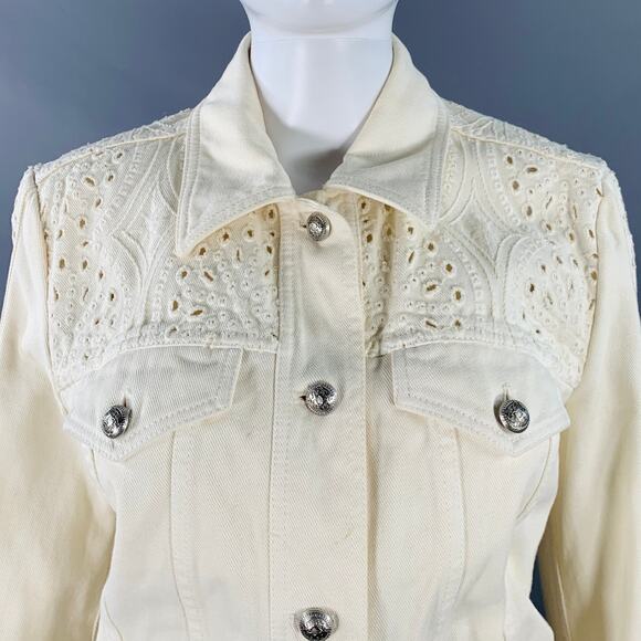 ETRO Size M Cream Eyelet Denim Fringe Trucker Jacket Blazer - Picture 2 of 10